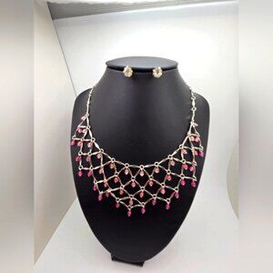 Vintage Avon Pink Stones Bib Necklace 18 With Clear Rhinestone